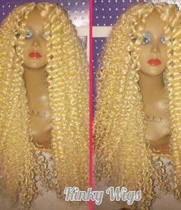 30" 613 Platinum Blonde Kinky Curly Glueless Human Blend Hair Wig